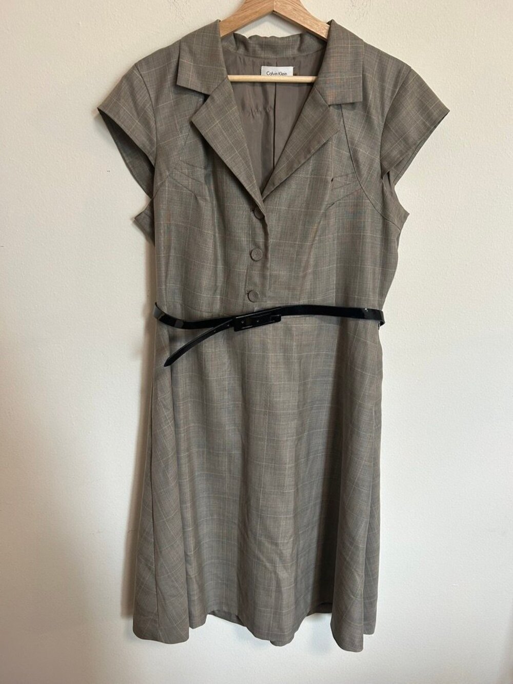 Calvin Klein Grey Plaid Work Dress Collared Buttons w/ Belt Grey EUC Sz 14